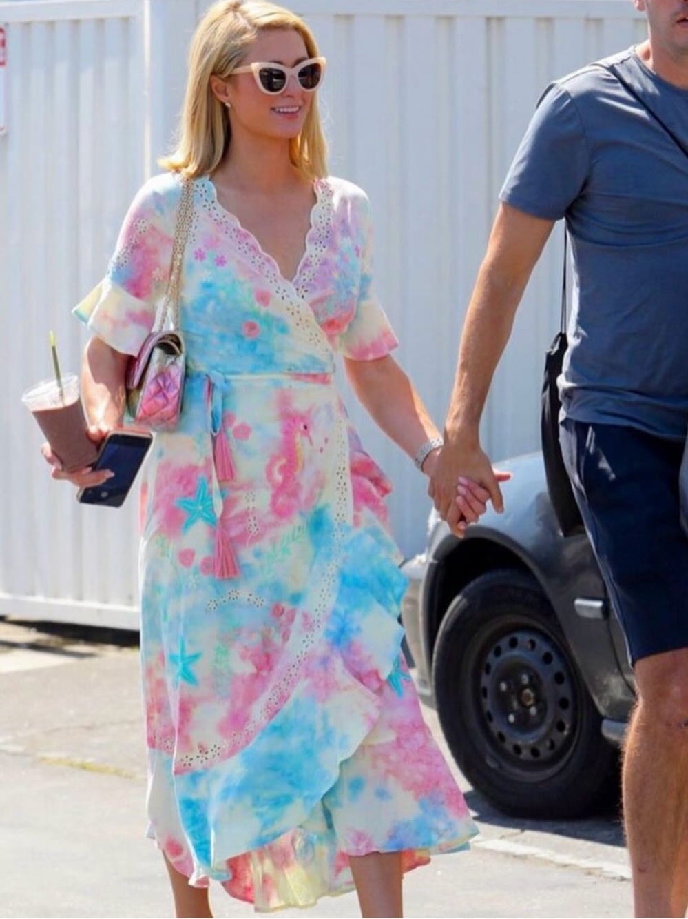 Zaimara Pastel Tie-Dye Midi Wrap Dress with Tassel Tie - as seen on Paris Hilton